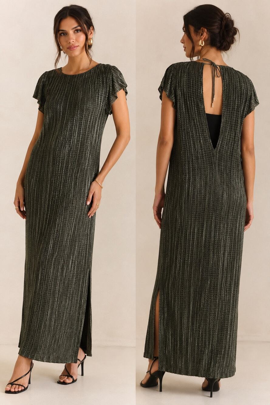 Sabina Musayev Anthropologie Textured Renaissance OliveGreen Plissé Maxi Dress S
